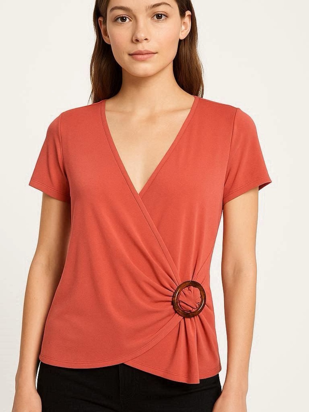 Bar III Coral-Red Wrap Short Sleeve Top with Decorative Ring
